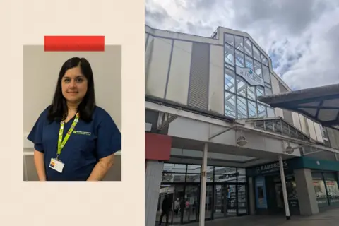 Left: Dr Zoyah Hussain in blue medical overalls. Right: the Airedale shopping centre in Keighley, west Yorkshire.