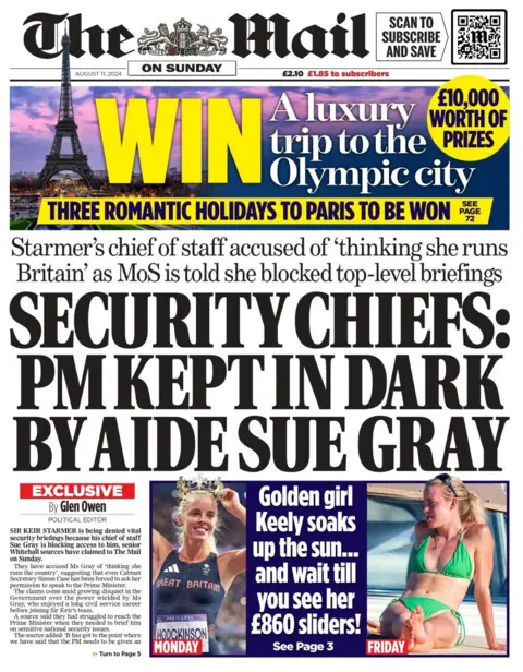 The headline in the Mail on Sunday reads: Security chiefs: PM kept in dark by aide Sue Gray