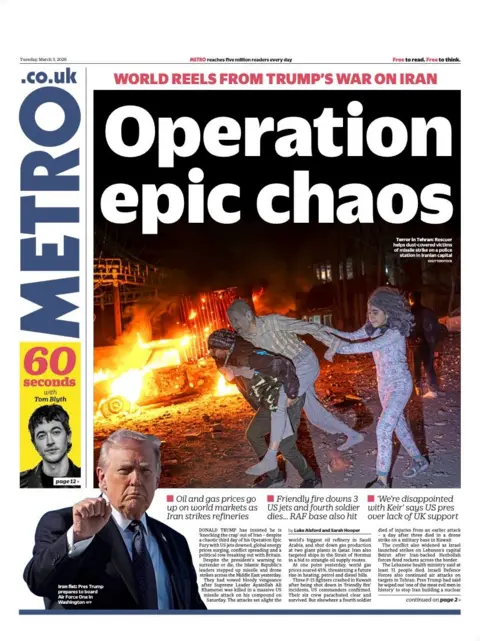 The headline on the front page of the Metro reads: “Operation epic chaos”.