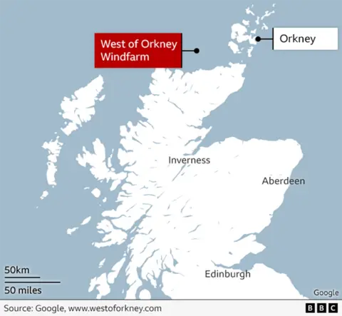 A map showing the location of the wind farm off the west of Orkney
