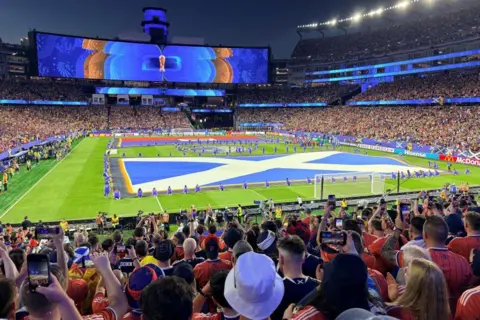 Brian Watt Scotland fans in a stadium, with a giant Saltire on the pitch, under a giant screen and floodlights.