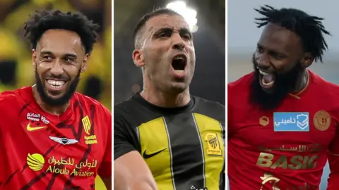 A triptych image showing three players in vertical sections from left to right: Pierre-Emerick Aubameyang smiling in red shirt, Abderrazak Hamdallah shouting in celebration wearing yellow and black striped shirt, and Georges-Kevin Nkoudou in red shirt also shouting in celebration.