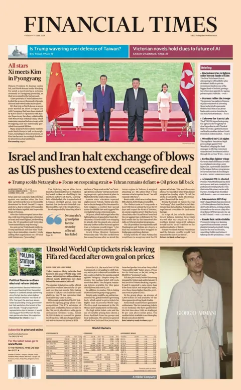 The headline on the front page of the Financial Times reads: “Israel and Iran halt exchange of blows as US pushes to extend ceasefire deal”.