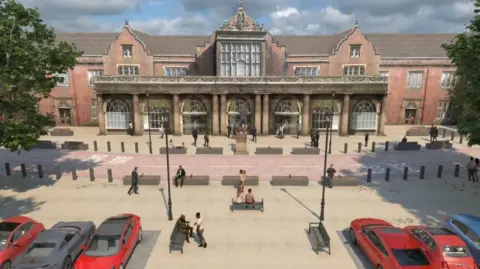 Stoke-on-Trent City Council An artist's impression of how the station will look after the work shows wide bus lanes outside the front with benches and then cars parked further back.