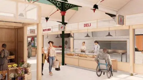 There are serving areas with the words butcher and deli above. Two people are behind a counter, with at least five other people also in the image.