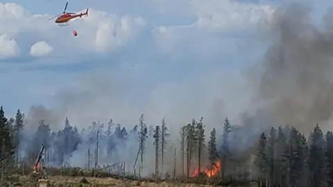 North Yorkshire Fire & Rescue Service Flames are seen among the trees with thick dark smoke billowing as a helicopter flies over.