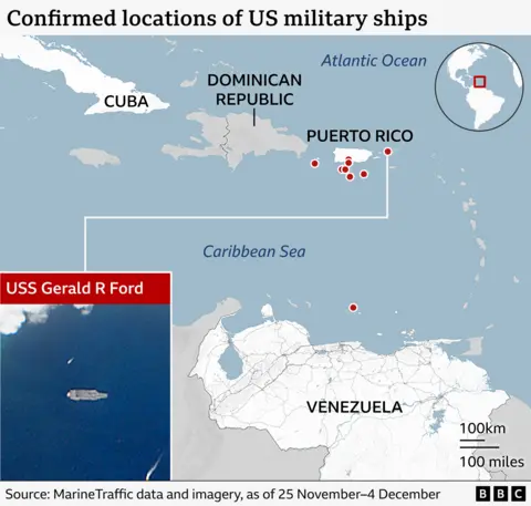 A map showing the confirmed positions of nine US military vessels in the Caribbean Sea, including a group around the USS Gerald R Ford 
