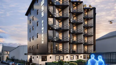 A futuristic architect's impression of a black tower block with drones carrying parcels and blue figures walk towards it.