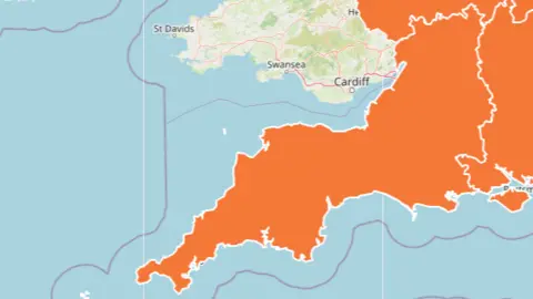 UKHSA A map that shows the region of the South West as orange. 