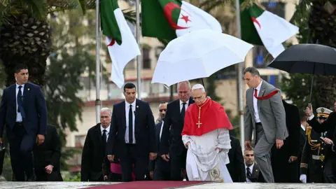 AFP via Getty Images Pope Leo climbs a set of steps, flanked by men in suits. Algerian flags fly in the background.