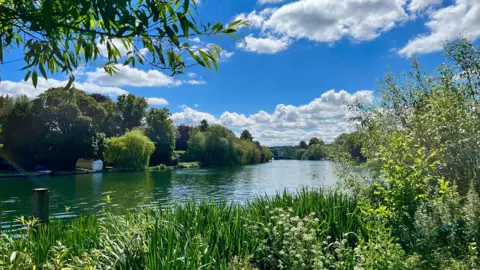 SUNDAY - A river at Cookham with green banks and the sun shining in a blue sky