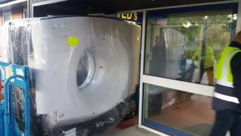 NHS CT scanner in the doorway at Ilkeston Community Hospital 