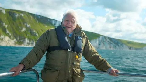 Sir David Attenborough, an older man with white hair, is pictured at the bow of a boat on the water. He is wearing a large green coat and black life jacket and is gripping a metal railing with each of his hands. Behind him, large white cliffs rise out of the water. 