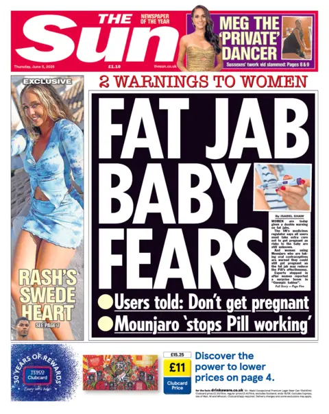 "Fat Jab baby fears" reads the headline on the front page of The Sun.