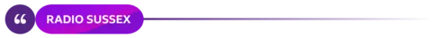 A purple graphic with a quotation mark and line. Inside the purple box reads Radio Sussex.