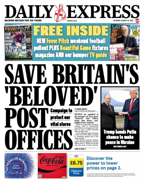 The headline on the front page of the Daily Express reads: "Save Britain's 'beloved' post offices".