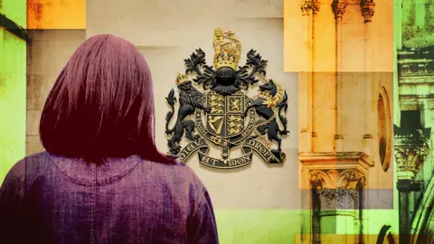 BBC Composite image of woman from behind, a court coat of arms - with orange and green stylised colouring