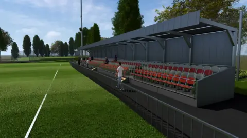 Artist's impression of new football stand. A grey structure with red seats