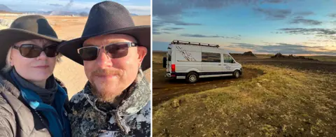 Samantha Phillips-Brown Two-panel image showing a travel scene. In the left panel, two people wearing wide-brimmed hats, sunglasses and outdoor jackets stand in a barren landscape. In the right panel, a white camper van with a roof rack is parked on a dirt track in open countryside. Rocky outcrops, grassland and a cloudy sky are visible in the background. 