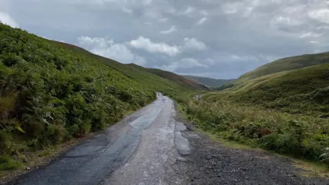 A road cuts through a valley which is covered with ferns and with a grey sky overhead. The road is very narrow, with signs of patchy repairs done at different times. No person can be seen even though the view stretches way into the distance.