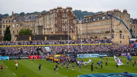 Image of the Bath rugby ground as players emerge for a match