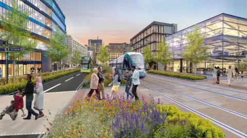 WYCA An artist's impression of how the new tram might look, there are flowers planted in the middle of a road with tram lines on one side and a bus lane on the other. Several people cross the road and there are buildings on either side.