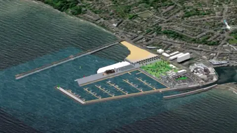 Ramsey Marina Ltd Architectural sketch of proposed plans for the new marina in South Beach, Ramsey. A long breakwater juts out alongside berths for yachts.