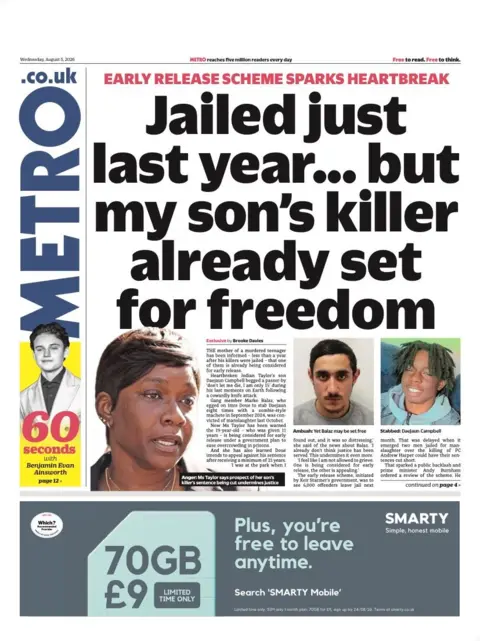 "Jailed just last year... but my son's killer already set for freedom" reads the headline on the front page of Metro.
