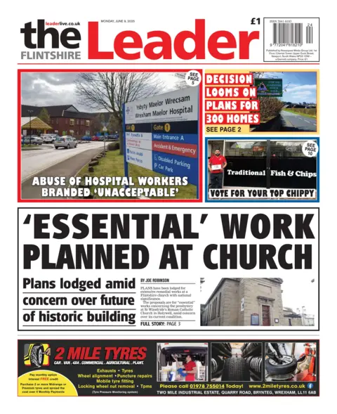 The Flintshire Leader The Flintshire Leader front page headline next to a photo of a church: Essential work planned at church; Plans lodged amid concern over future of historic building.