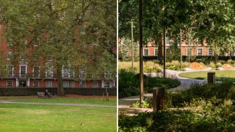 Getty Images/ Grosvenor A split-screen image showing two views of a park. The left panel shows a flat grass lawn with a wooden bench under a large tree in front of a red-brick building. The right panel shows a winding stone pathway bordered by low-growing green plants and shrubs, with trees and buildings in the background.