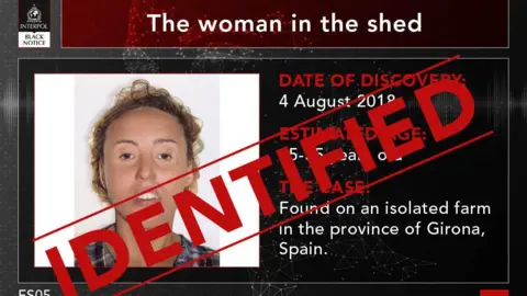 Interpol A poster with a computer generated image of a woman with 'woman in the shed' text above the image, and text saying 'date of discovery' and a large 'identified' writing plastered over the entire poster