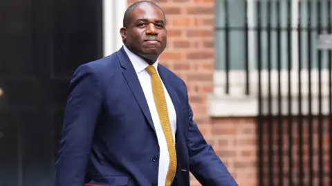 PA David Lammy walks in front of a brick building, wearing a navy suit and yellow tie, holding a red file.