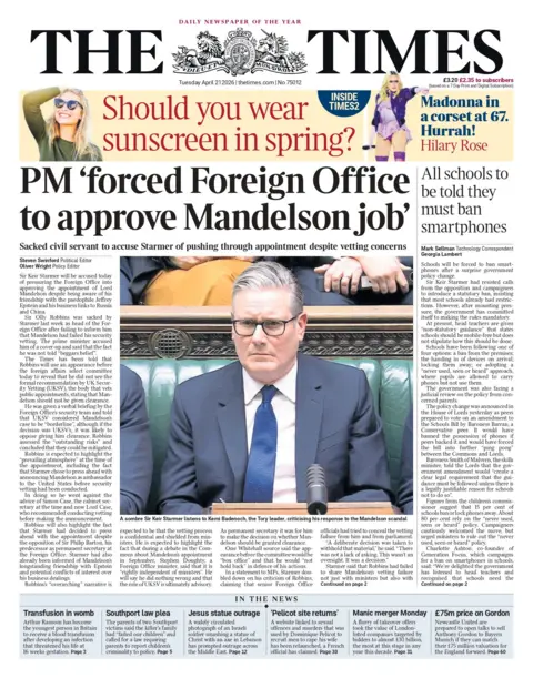 "PM 'forced Foreign Office to approve Mandelson job'," reads the headline on the front page of the Times.