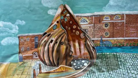 Khaleb Brooks An initial artist's impression painting of The Wake - a large bronze shell sculpture with a hollow interior that can be walked inside, with holes in the shell casting light on the ground