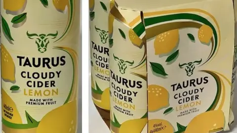 Royal Courts of Justice Two images sit side by side. One shows the close up of a yellow can with lemon artwork on it. It reads 'Taurus Cloudy Cider Lemon' and adds 'made with premium fruit'. The second photograph shows a four pack of cider cans in a cardboard packet.