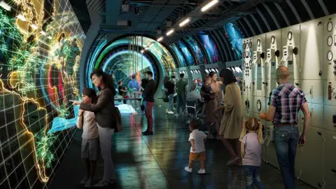 London Tunnels A computer generated image of people inside a refurbished tunnel looking at an exhibition.