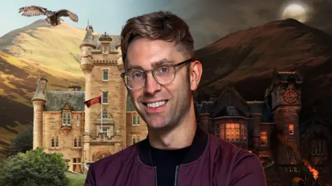 A man with short brown hair and round glasses wearing a black T shirt and purple jacket. Behind him a background shows a castle in the Scottish highlands.