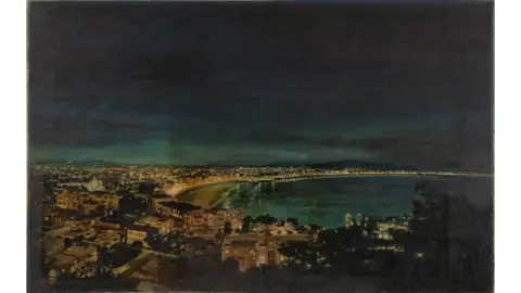 A panoramic night view of the queen's necklace in Mumbai as seen from Malabar Hill. Painting by an unidentified artist. 

