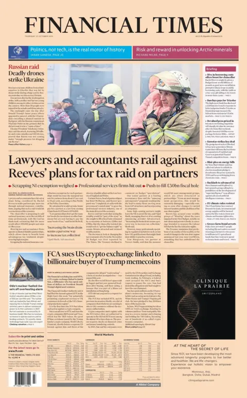 "Lawyers and accountants rail against Reeves' plans for tax raid on partners," reads the headline on the front page of the Financial Times.