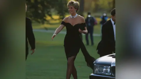 British royal Diana, Princess of Wales (1961-1997) wearing a black Christina Stambolian dress, attends a Vanity Fair party at the Serpentine Gallery in London, England, 20th November 1994. 