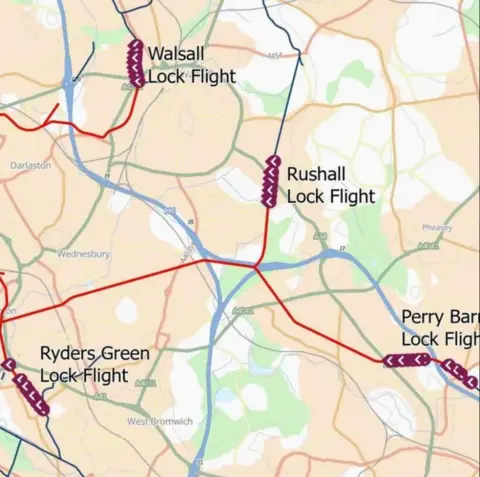 Walsall Council A map showing part of the canal network in the West Midlands, with Walsall Lock Flight, Rushall Lock Flight, Perry Barr Lock Flight and Ryders Green Lock Flight all identified