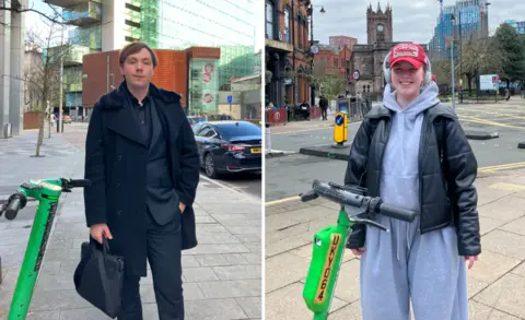 A composite image of James and Paige stood on street pavements next to bright green Lime scooters.