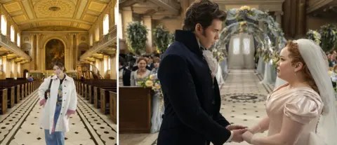 Alexis Reise Brodman / Liam Daniel/Netflix Picture 1 - A woman in blue jeans and a white coat stands in the aisle of an ornate church. Picture 2 - Luke Newton as Colin Bridgerton, Nicola Coughlan as Penelope Featherington in episode 307 of Bridgerton