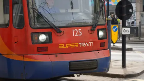 Close up of a tram in Sheffield