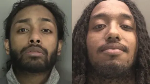 Prison mugshots of Justin Sebastian and Alexander Nyarashe. Mr Sebastian has a dark beard and long dark hair. Mr Nyarashe has dark facial hair on his chin and long dark dreadlocked hair.