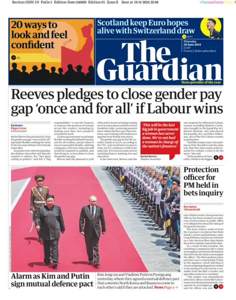 the Guardian The front page of the Guardian, whose headline reads "Reeves pledges to close gender pay gap 'once and for all' if Labour wins"