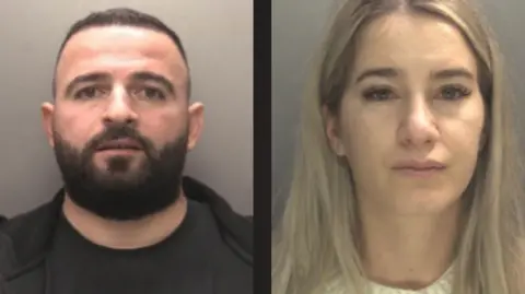 Two photos side by side, with a man on the left with dark hair and a beard wearing dark clothing. The woman on the right has long blonde/brown hair and they are both looking at a camera in front of a plain background. 