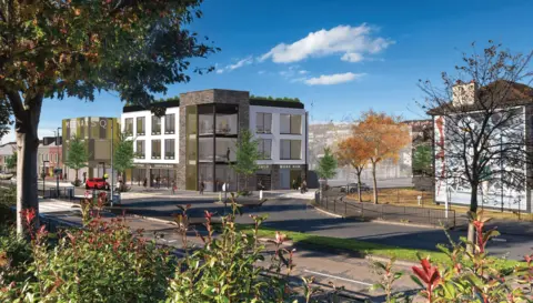 Apex A design drawing of the Meenan Square development in Derry. It shows proposed new commercial and retail units.