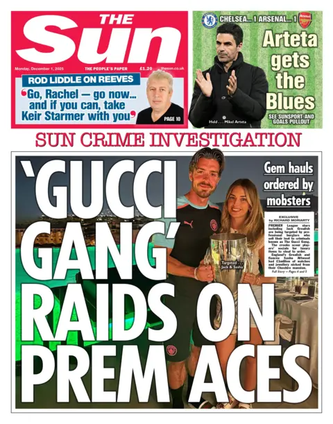 "'Gucci Gang' raids on prem aces" reads the headline on the front page of The Sun.