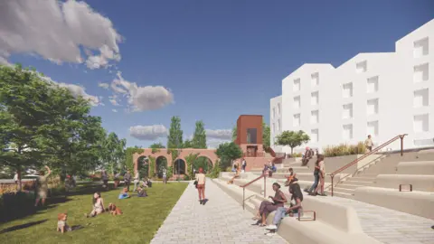 Shropshire Council An artists drawing of a white stone footpath running through a park with children on the grass and some white stone steps on the right hand side